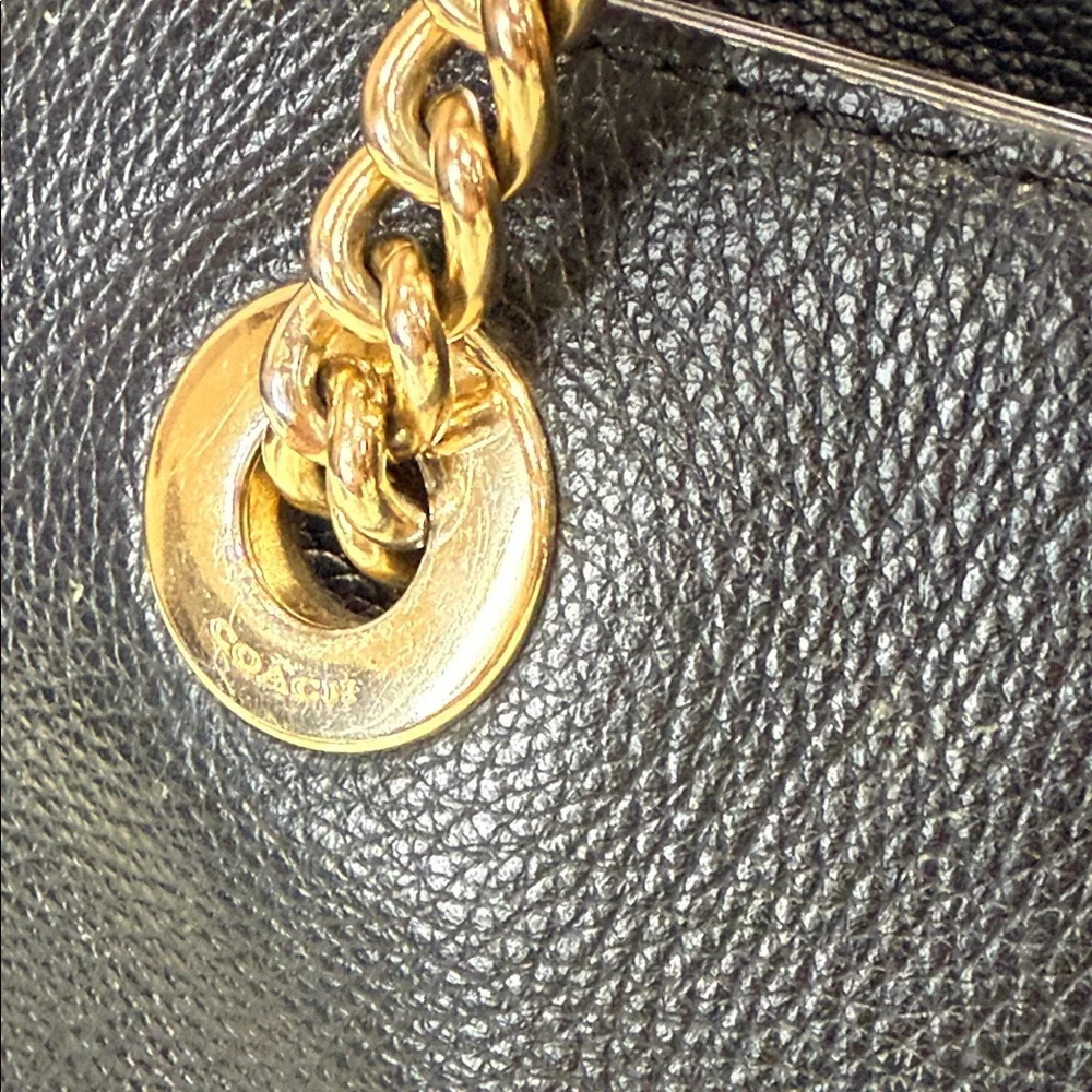 Coach Black Leather Tote with Gold Accents